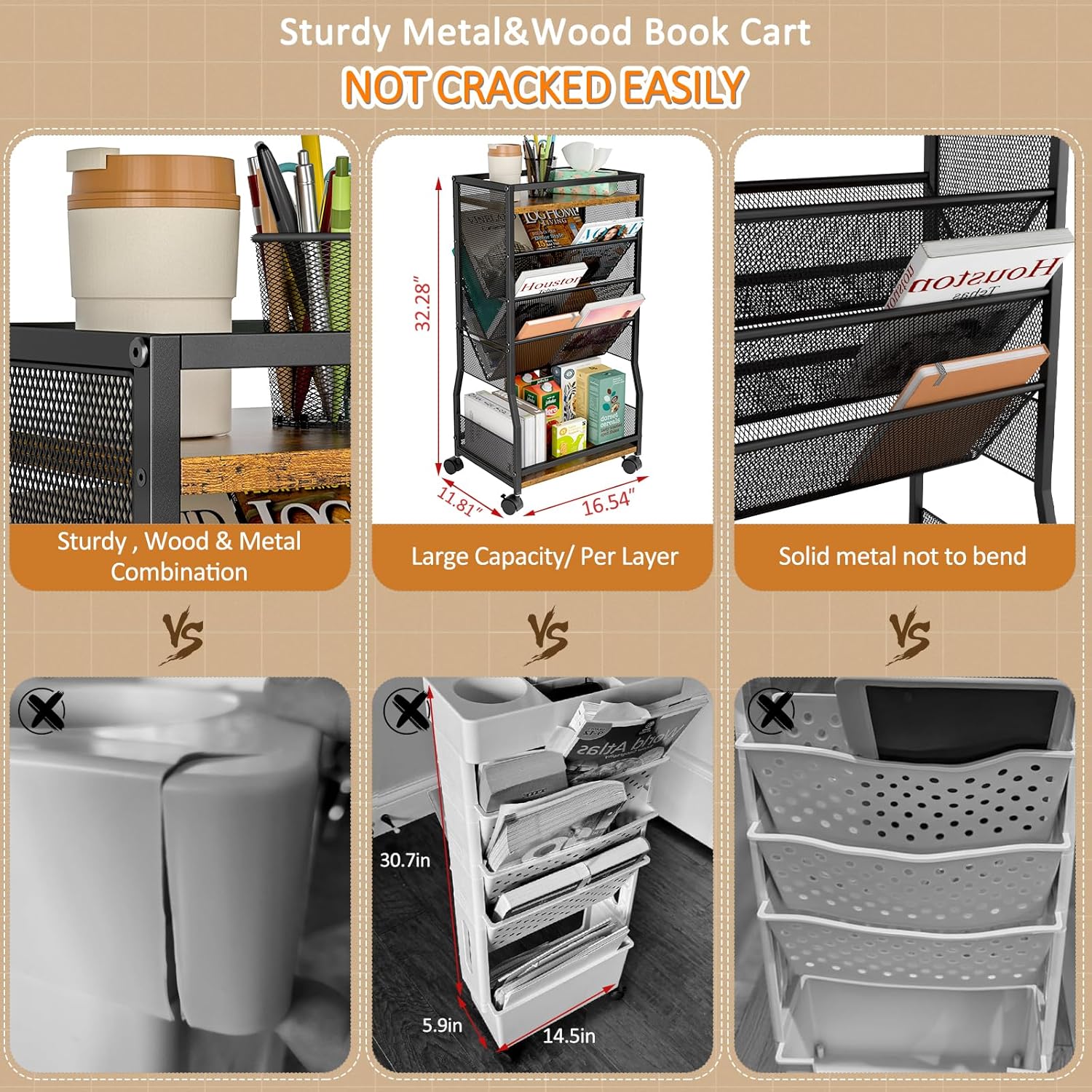 8 Tier Rolling Book Cart with Wheels and 2 Sides Access