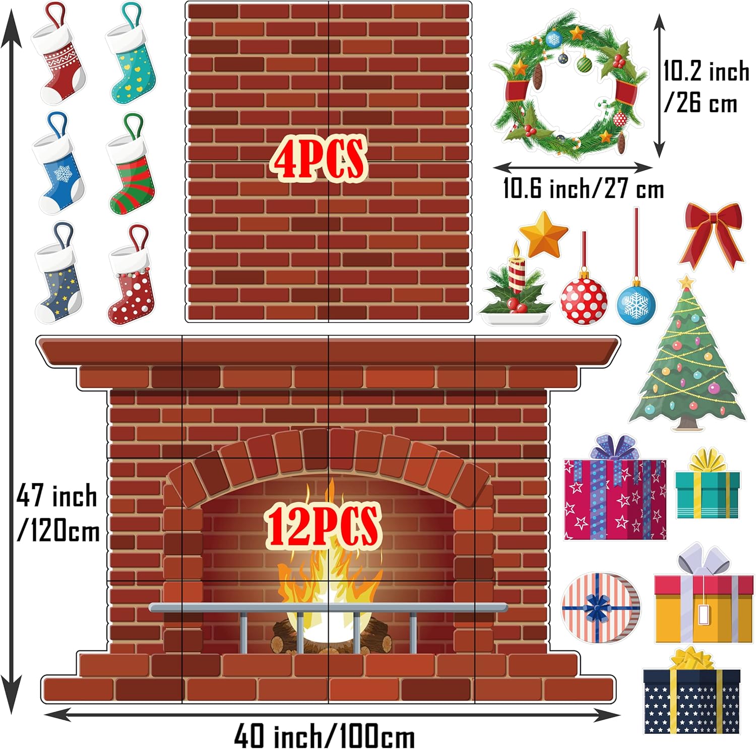 4 Ft Christmas Fireplace Bulletin Board Set 52Pcs