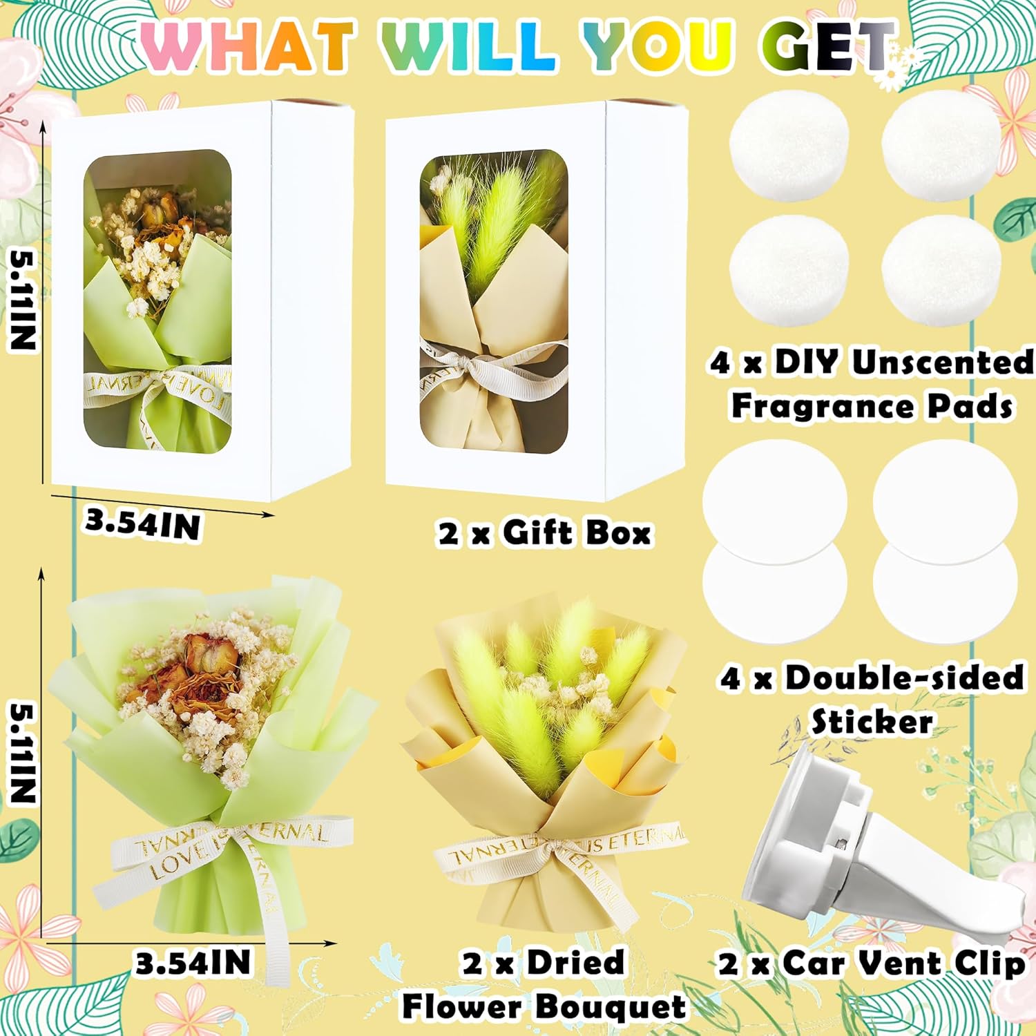 Square John Dried Flower Bouquet Air Vent Clips 2pcs Yellow