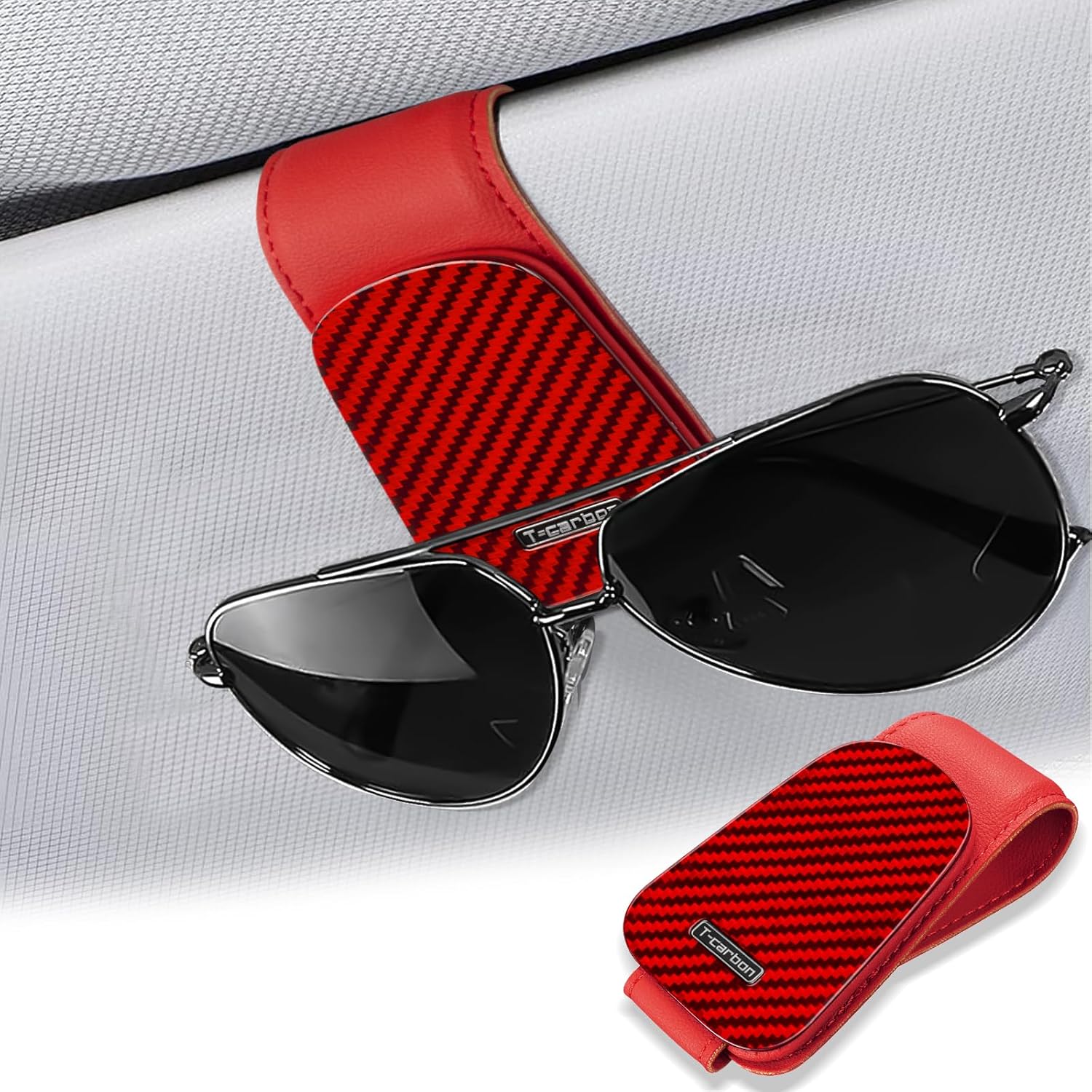 T-carbon Magnetic Leather Sunglass Holder for Car Visor Red