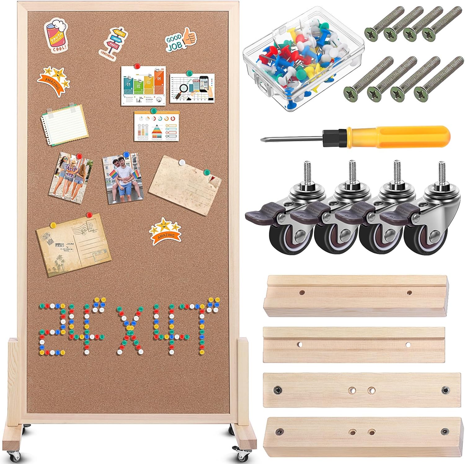 Double Sided Cork Board with Wheels 24 x 47 Inch