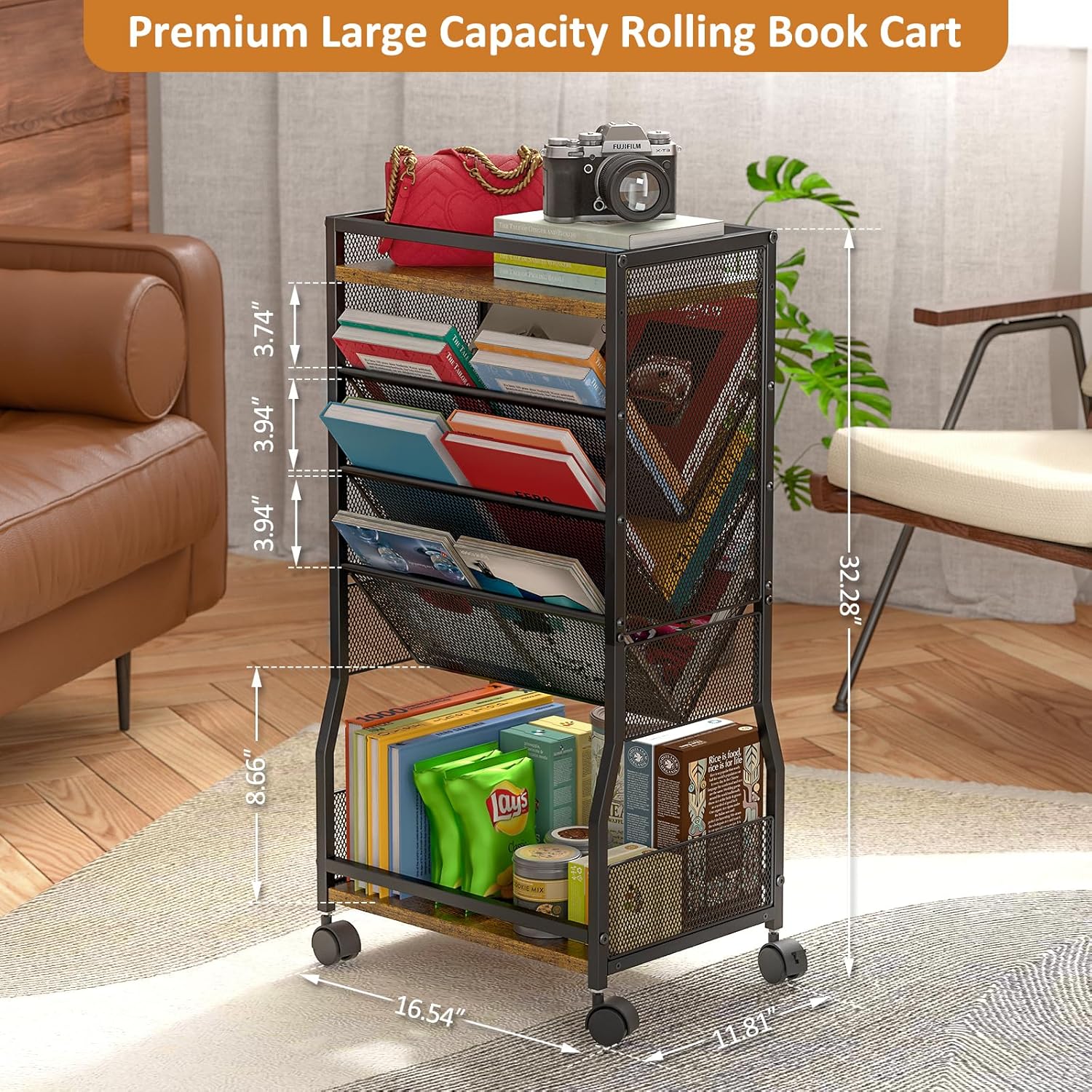 8 Tier Rolling Book Cart with Wheels and 2 Sides Access
