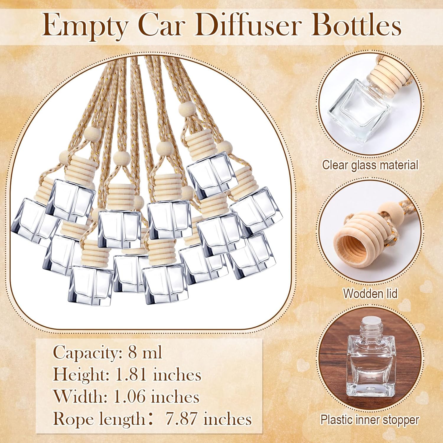 100pcs Clear Glass Car Diffuser Bottles with Lanyard and Instruction Cards
