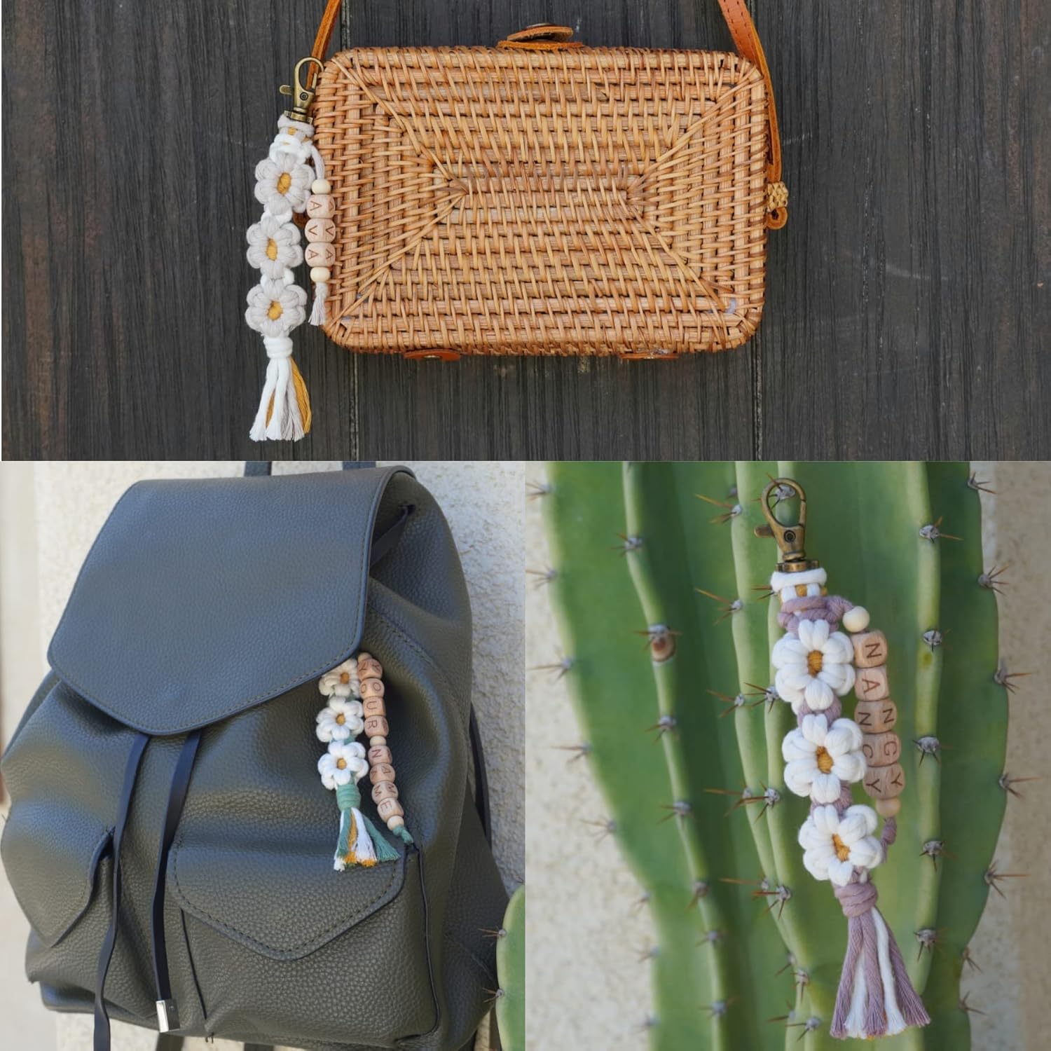 Personalized Macrame Keychain with Daisy Flower and Tassel