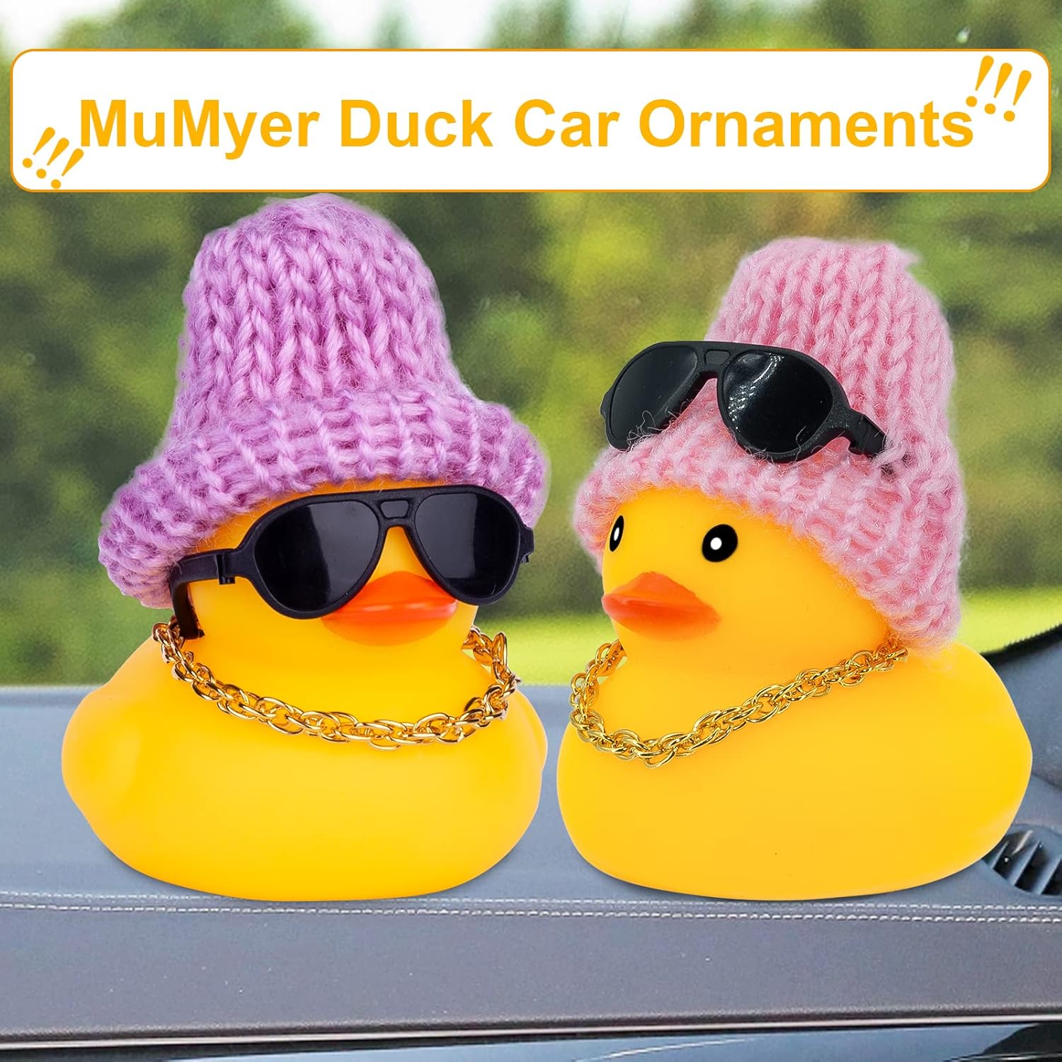 Yellow Duck Car Dashboard Decor with Beanie Hat Necklace Sunglasses