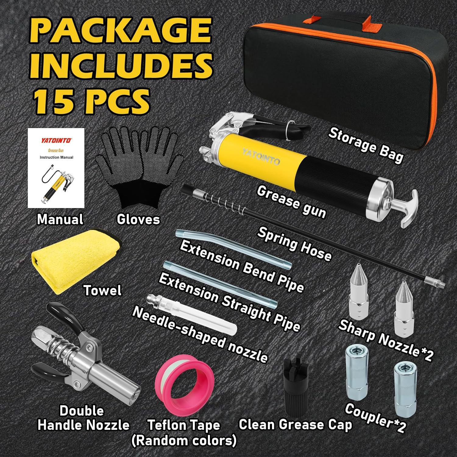 15 Pcs Versatile Grease Gun Kit with 7000 PSI Leak-Proof Spray