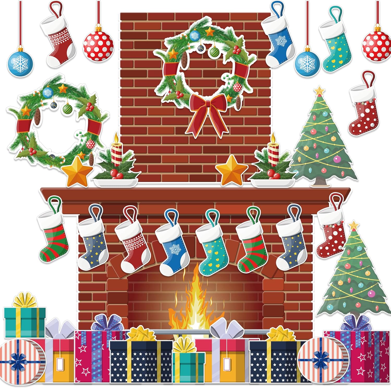 4 Ft Christmas Fireplace Bulletin Board Set 52Pcs