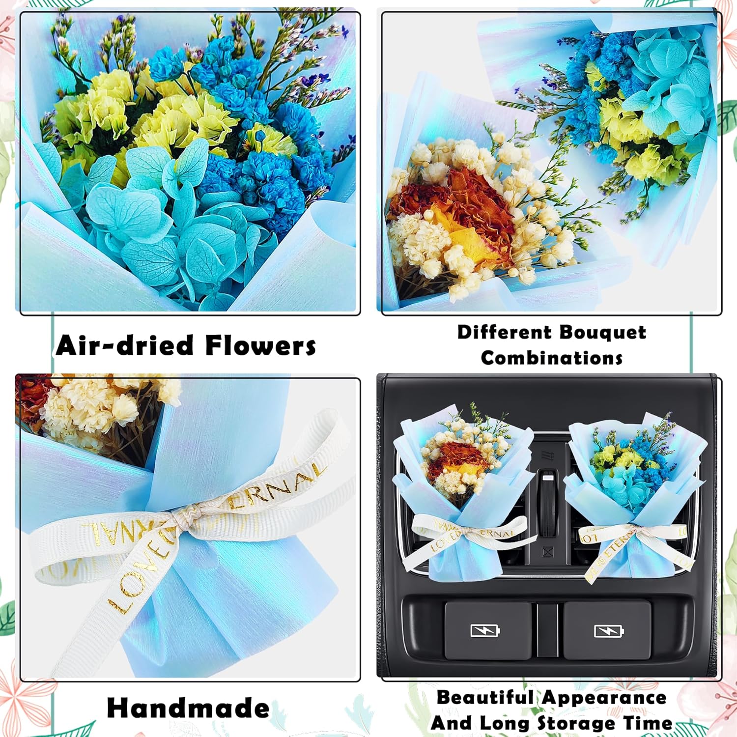 Square John Flower Clips For Car Vent 2pcs Dried Flower Set Blue