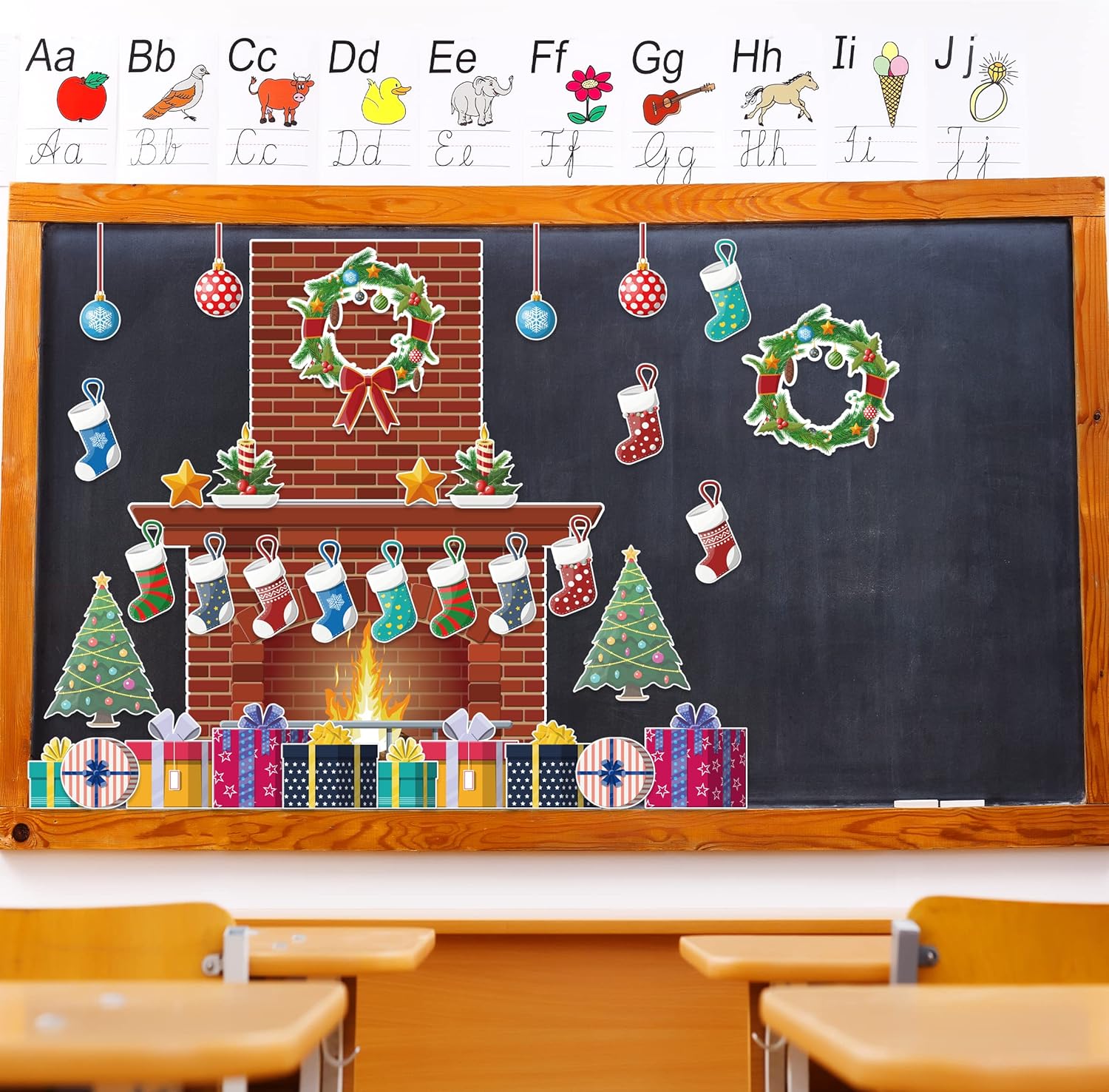4 Ft Christmas Fireplace Bulletin Board Set 52Pcs