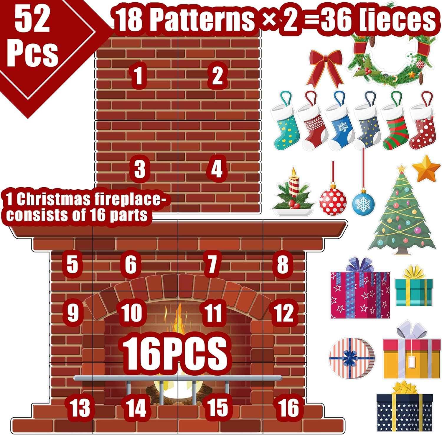 4 Ft Christmas Fireplace Bulletin Board Set 52Pcs