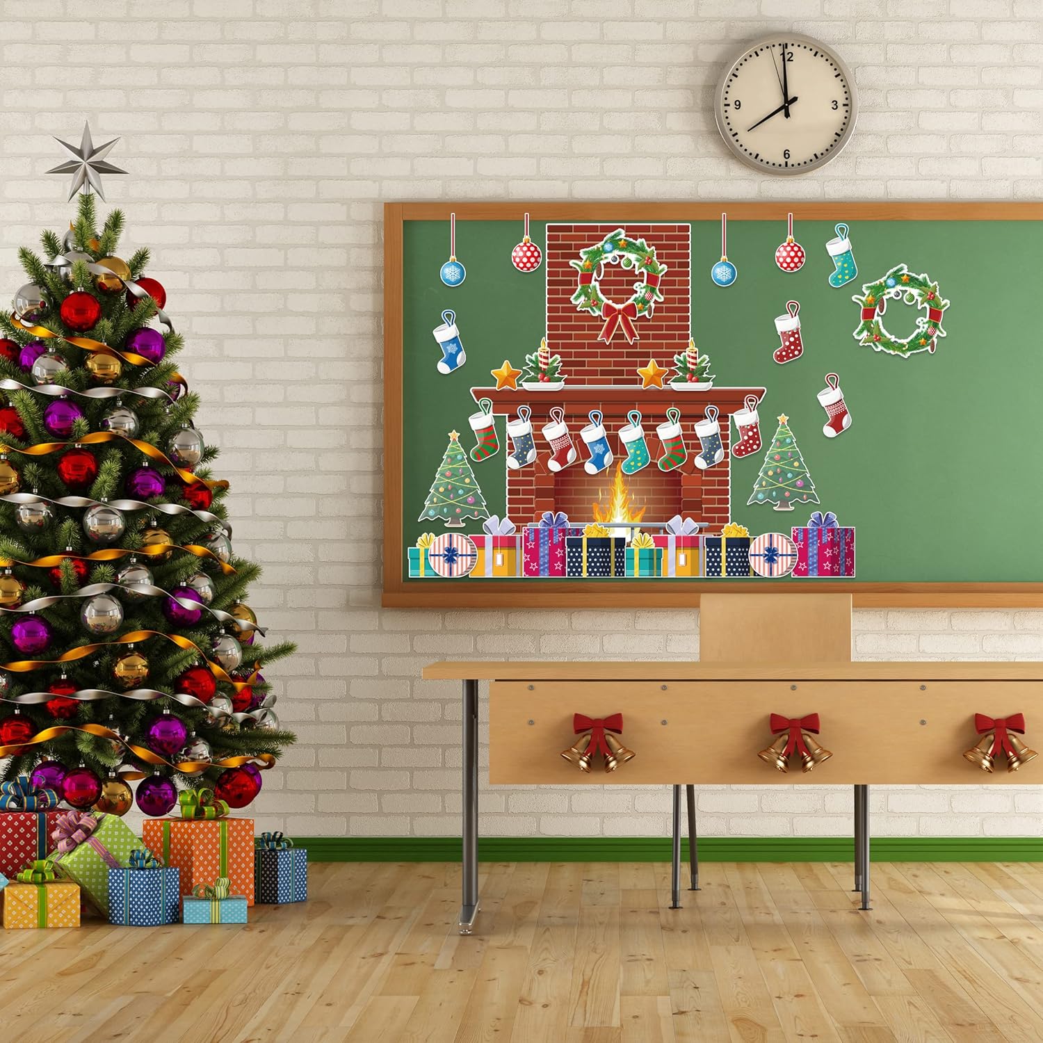 4 Ft Christmas Fireplace Bulletin Board Set 52Pcs